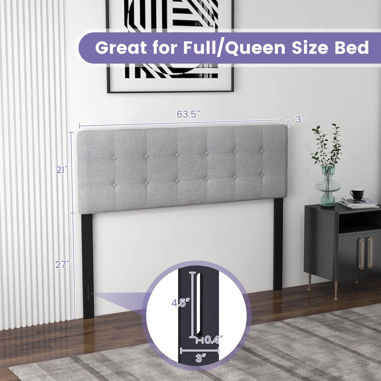 Linen Upholstered Headboard with Solid Rubber Wood Legs