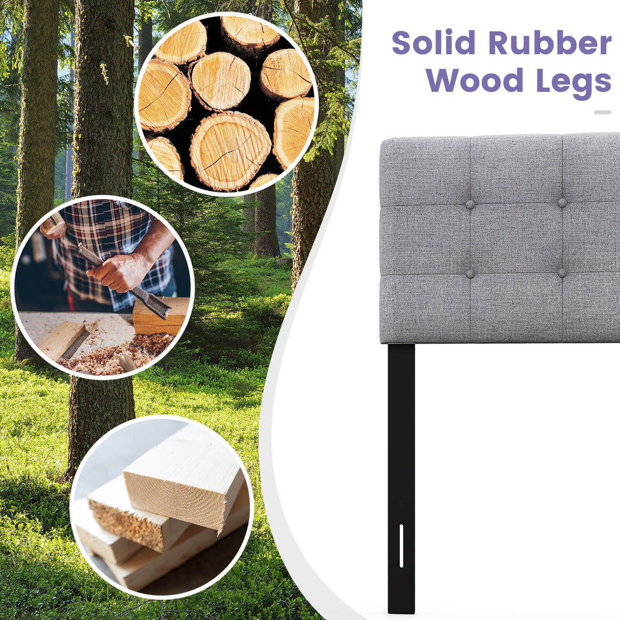 Linen Upholstered Headboard with Solid Rubber Wood Legs