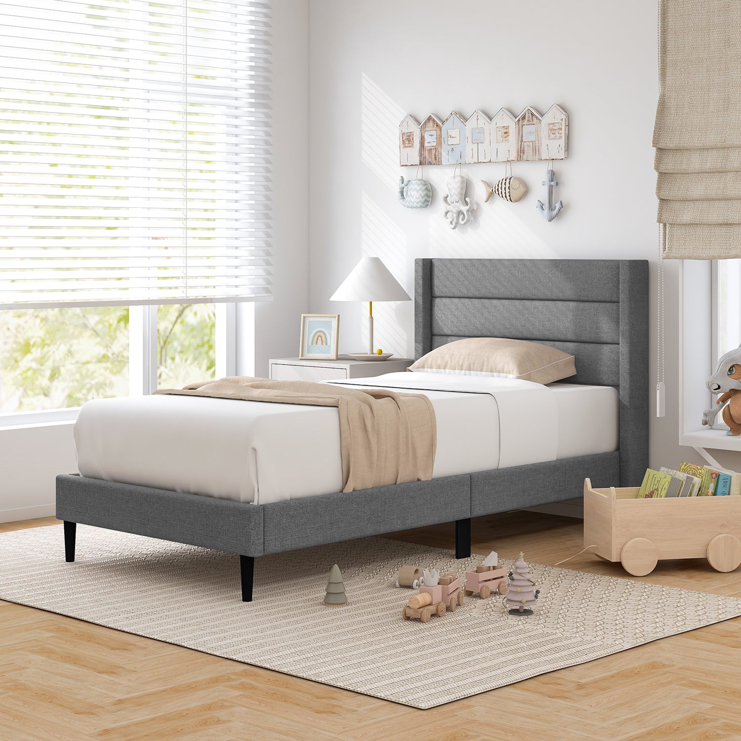 Linen Upholstered Platform Twin/Queen Bed Frame with Wingback Headboard