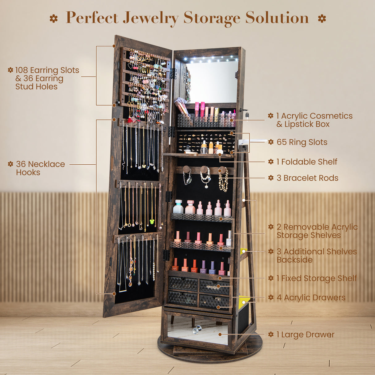 Lockable 360° Swivel Jewelry Cabinet with Full-Length Mirror LED Lights