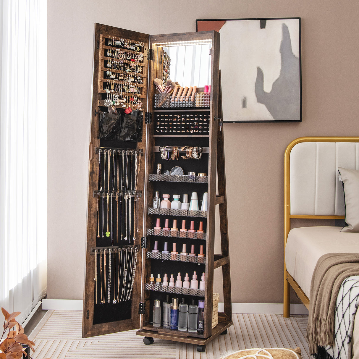 64 Inches Lockable Jewelry Cabinet Armoire with Built-in Makeup Mirror