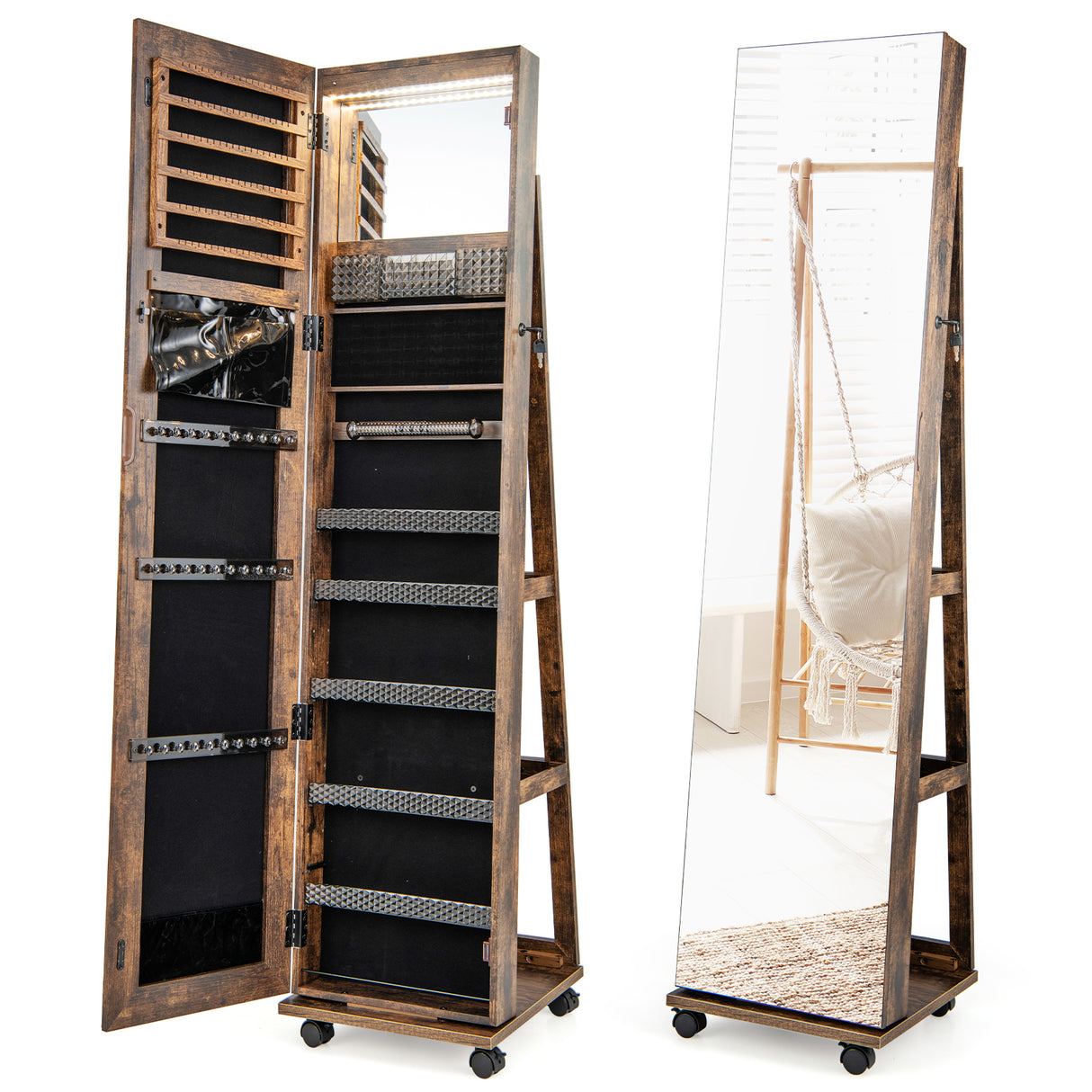 64 Inches Lockable Jewelry Cabinet Armoire with Built-in Makeup Mirror