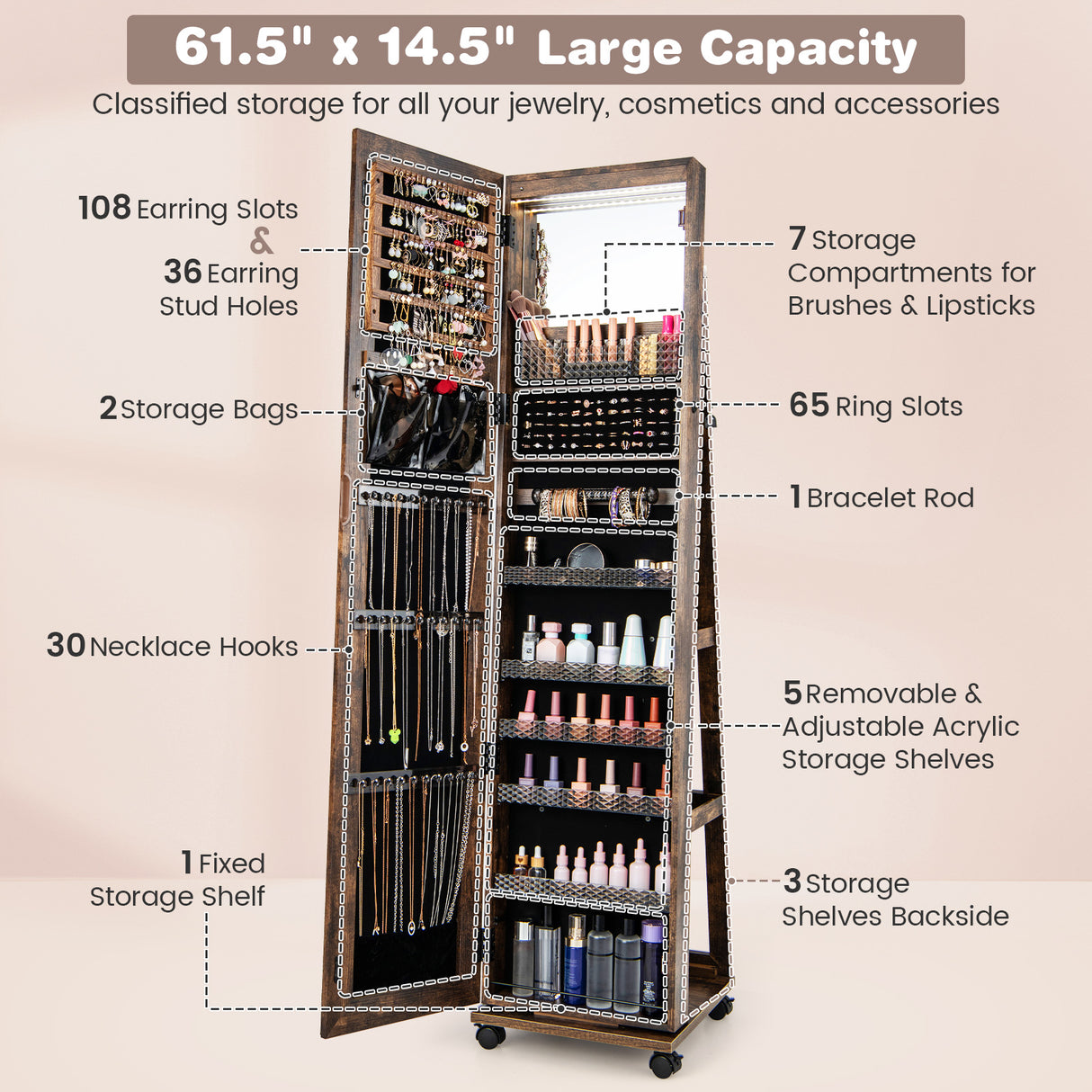64 Inches Lockable Jewelry Cabinet Armoire with Built-in Makeup Mirror