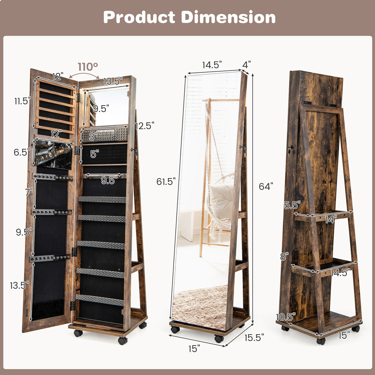 64 Inches Lockable Jewelry Cabinet Armoire with Built-in Makeup Mirror