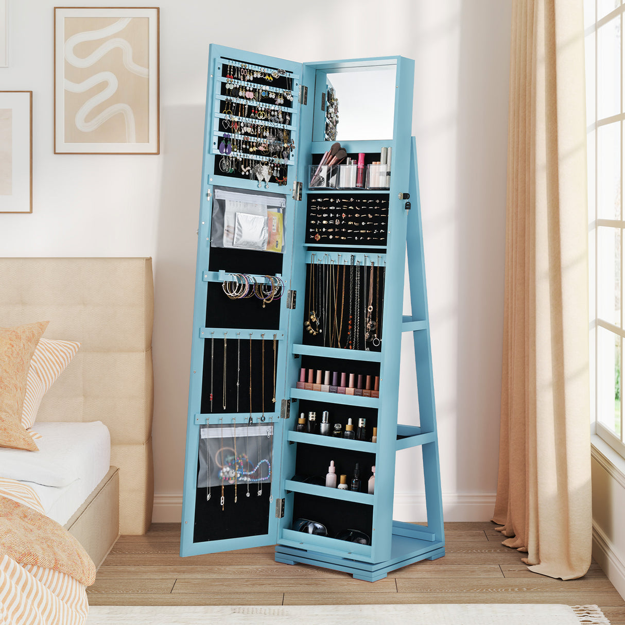 360Â° Rotatable 2-in-1 Lockable Jewelry Cabinet with Full-Length Mirror