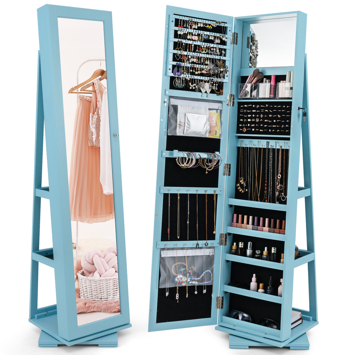 360Â° Rotatable 2-in-1 Lockable Jewelry Cabinet with Full-Length Mirror