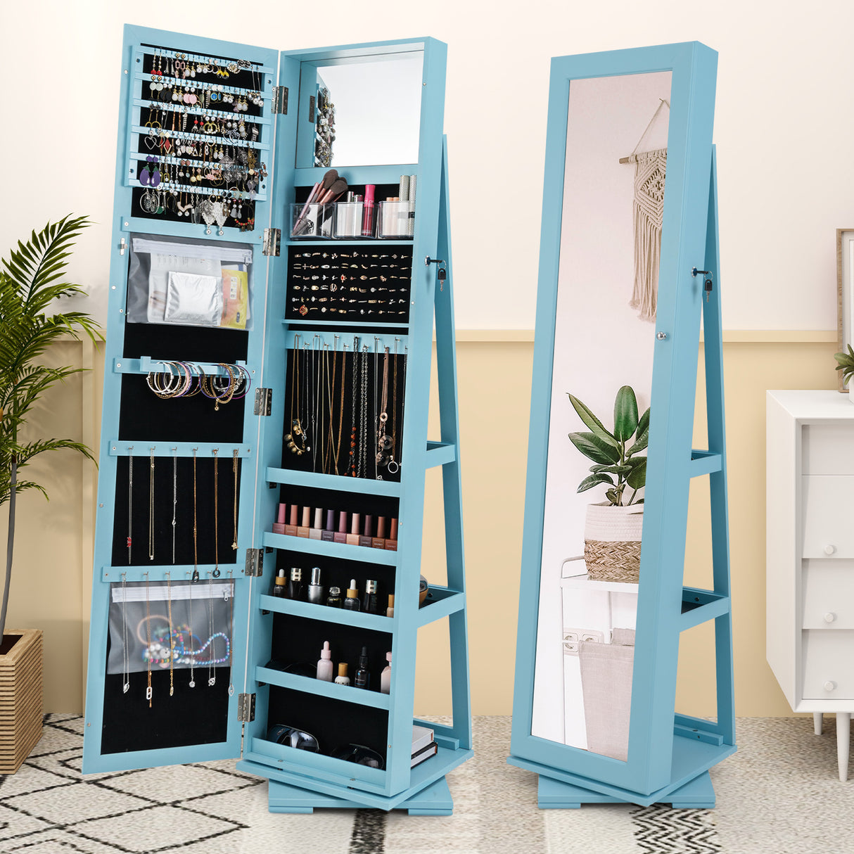 360Â° Rotatable 2-in-1 Lockable Jewelry Cabinet with Full-Length Mirror