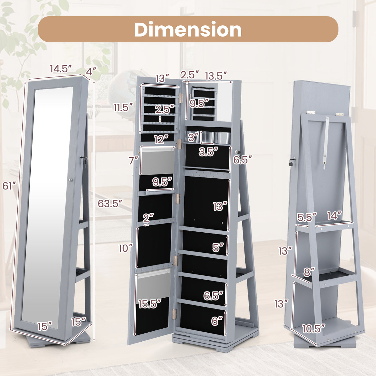 360Â° Rotatable 2-in-1 Lockable Jewelry Cabinet with Full-Length Mirror