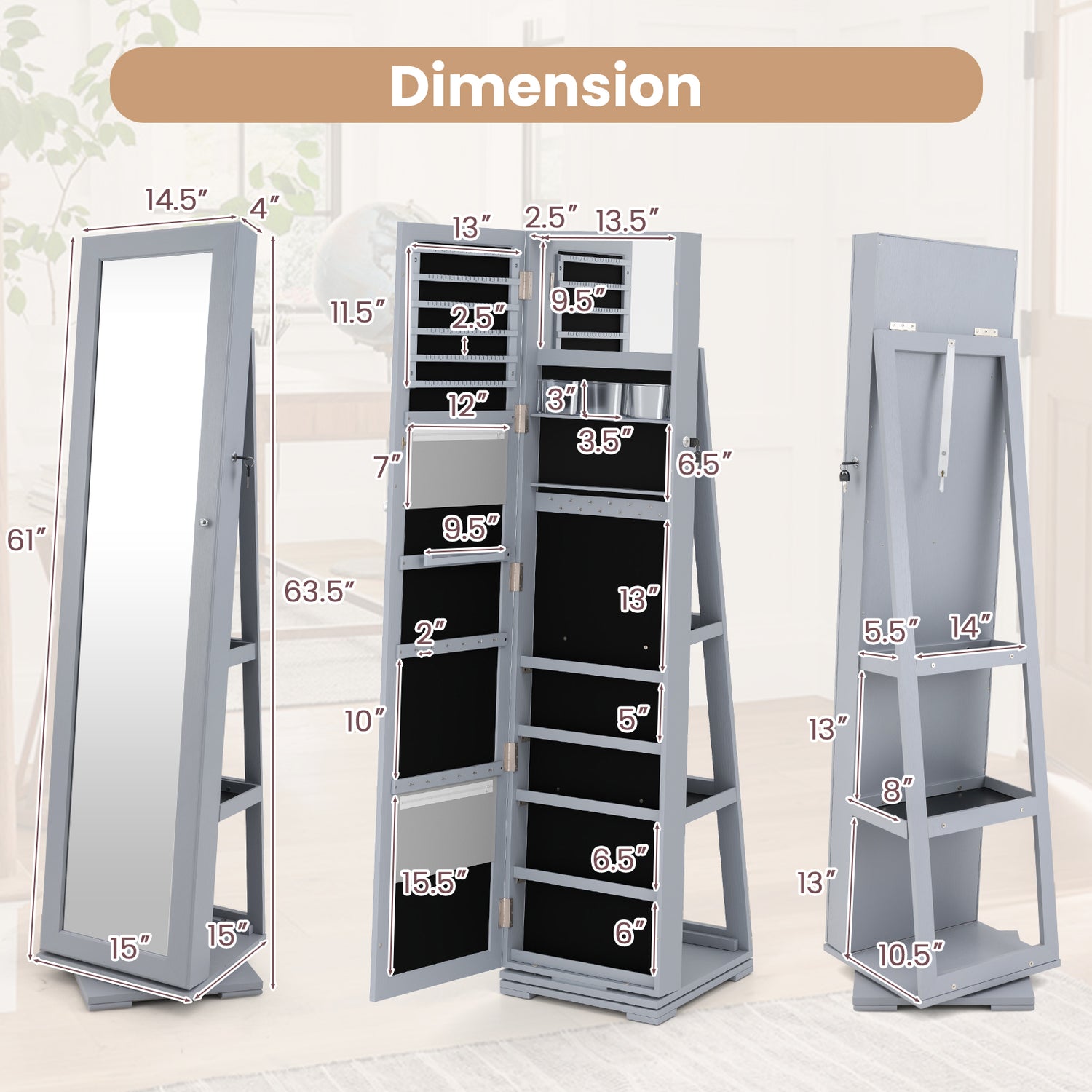 360Â° Rotatable 2-in-1 Lockable Jewelry Cabinet with Full-Length Mirror