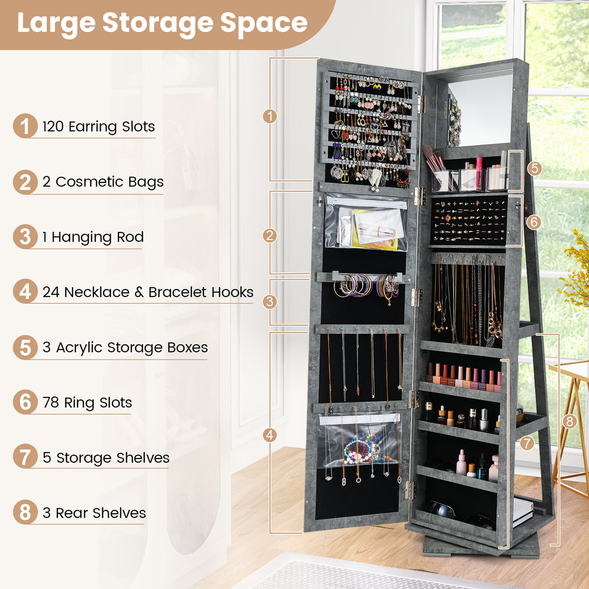 360Â° Rotatable 2-in-1 Lockable Jewelry Cabinet with Full-Length Mirror
