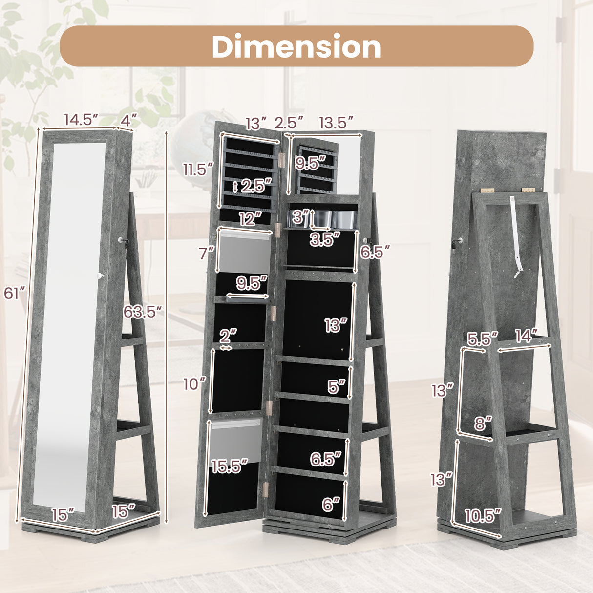 360Â° Rotatable 2-in-1 Lockable Jewelry Cabinet with Full-Length Mirror