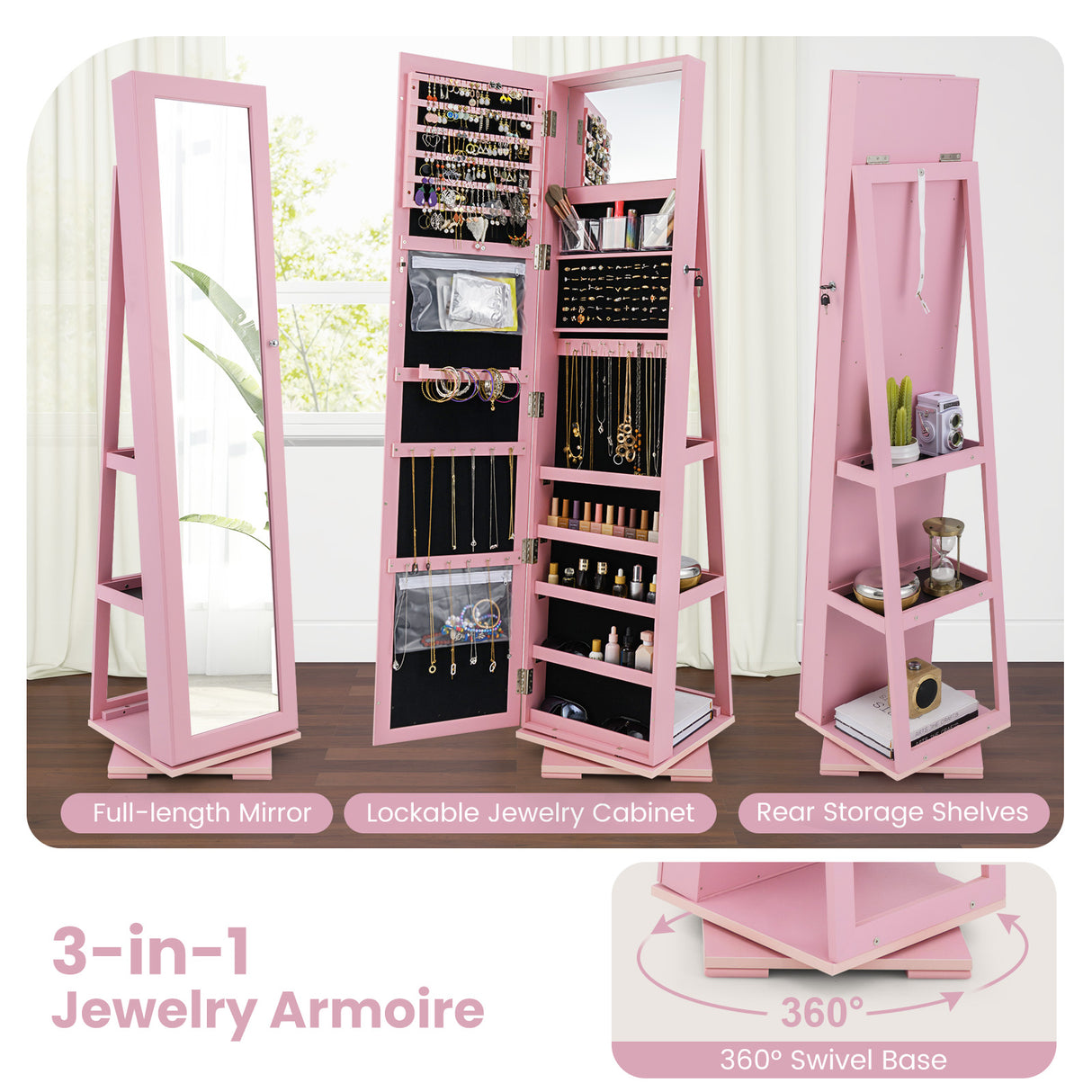 360Â° Rotatable 2-in-1 Lockable Jewelry Cabinet with Full-Length Mirror