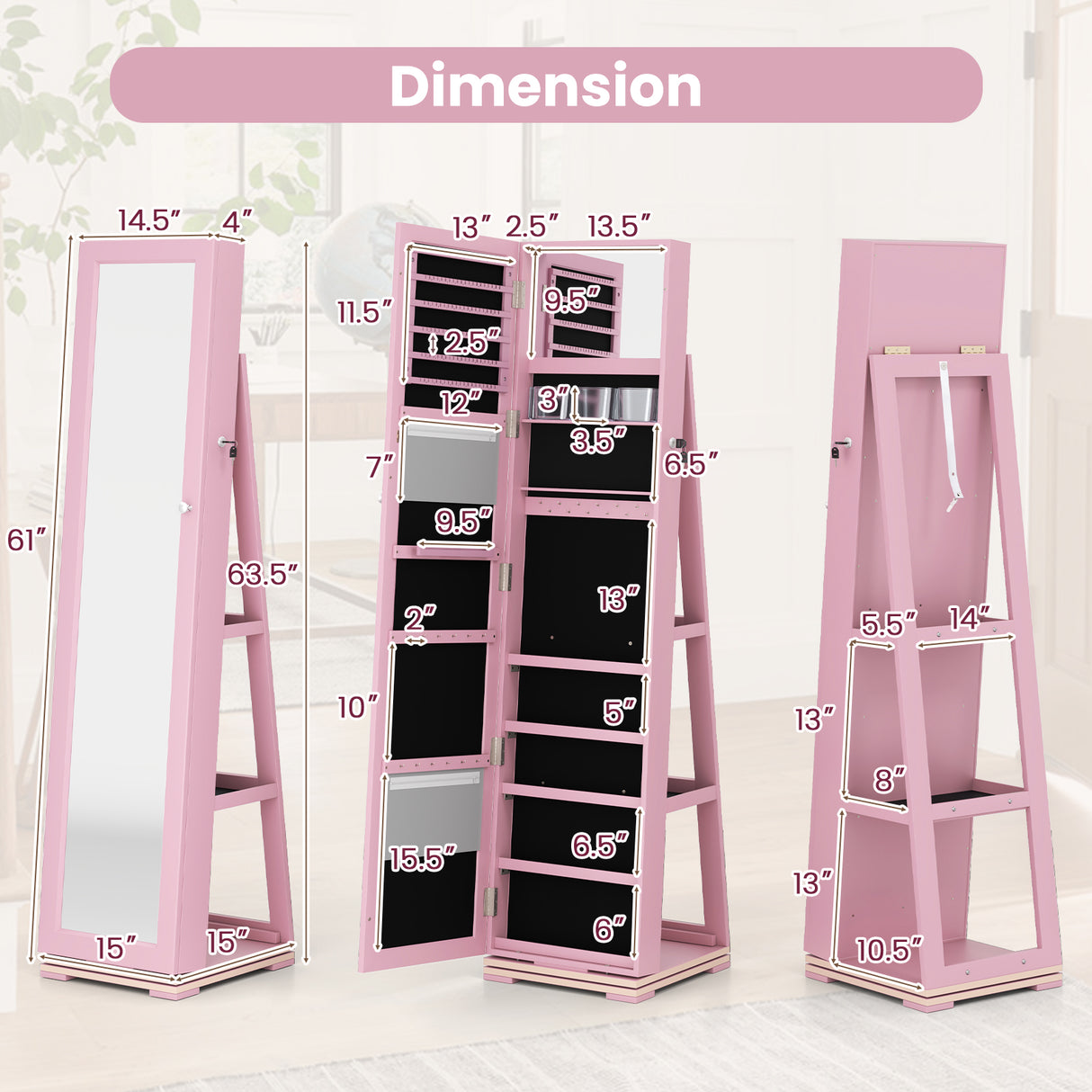 360Â° Rotatable 2-in-1 Lockable Jewelry Cabinet with Full-Length Mirror