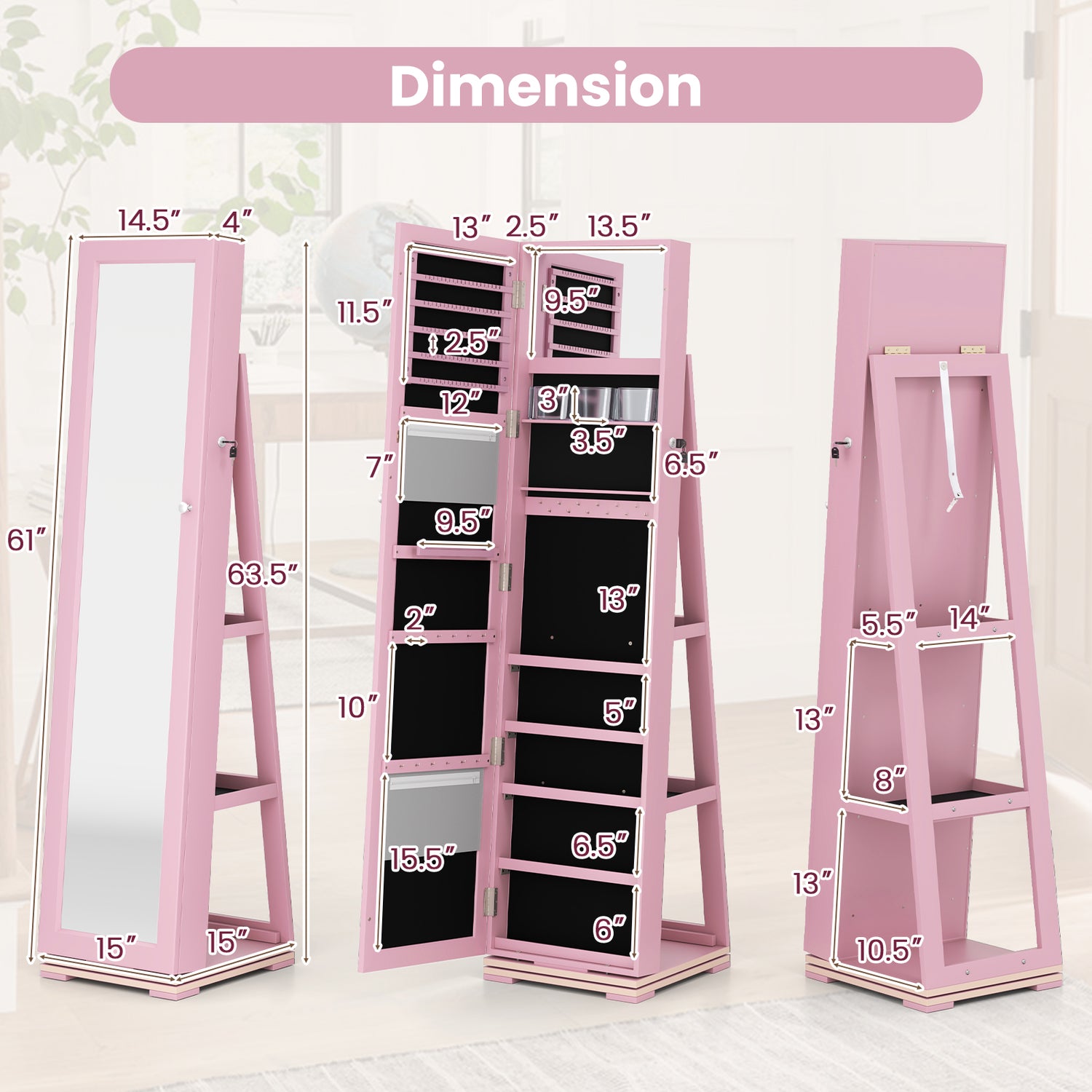 360Â° Rotatable 2-in-1 Lockable Jewelry Cabinet with Full-Length Mirror