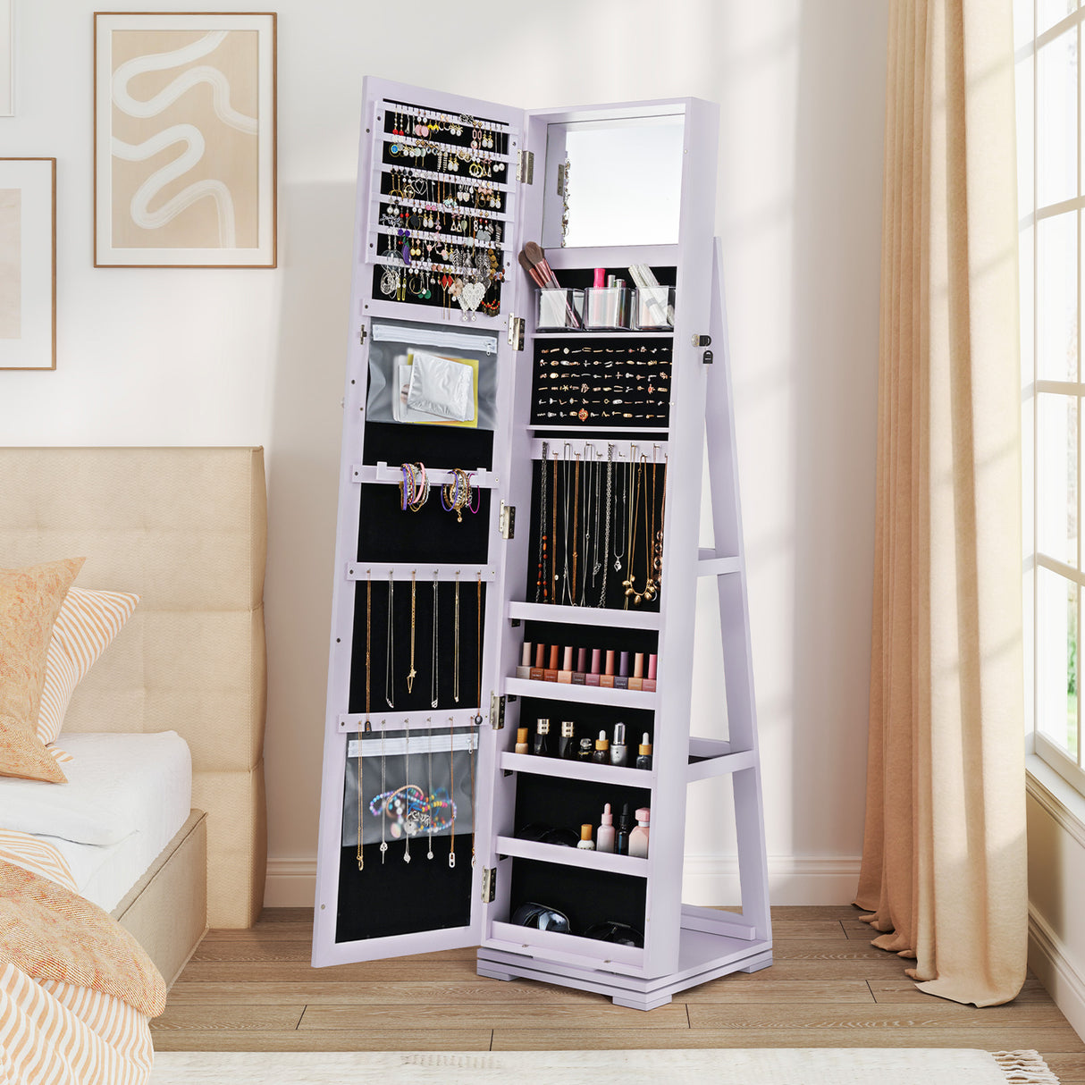 360Â° Rotatable 2-in-1 Lockable Jewelry Cabinet with Full-Length Mirror