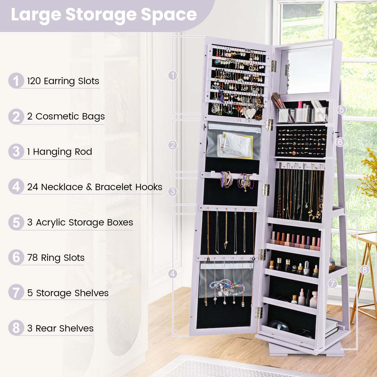 360Â° Rotatable 2-in-1 Lockable Jewelry Cabinet with Full-Length Mirror