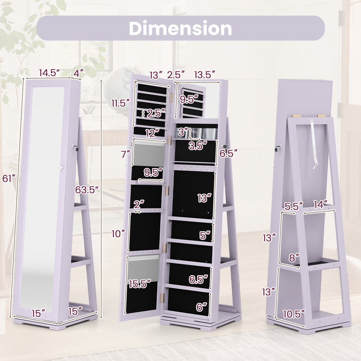 360Â° Rotatable 2-in-1 Lockable Jewelry Cabinet with Full-Length Mirror