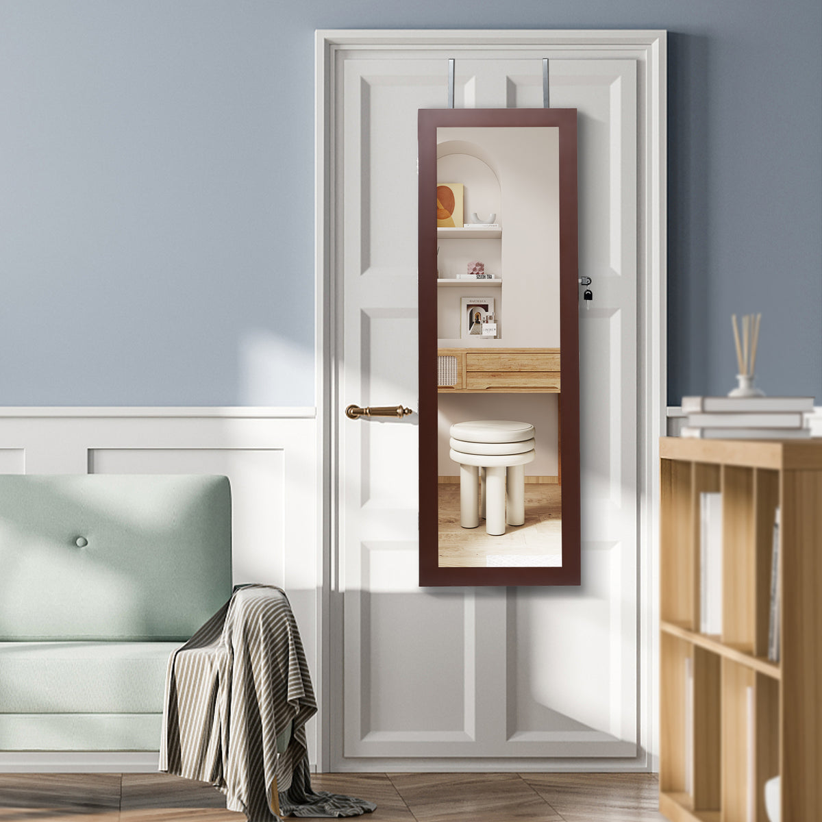 Lockable Wall Mount Mirrored Jewelry Cabinet with LED Lights