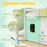 Twin Size Loft Bed Playhouse Bed Frame with Tower Tent and 3 Storage Pockets