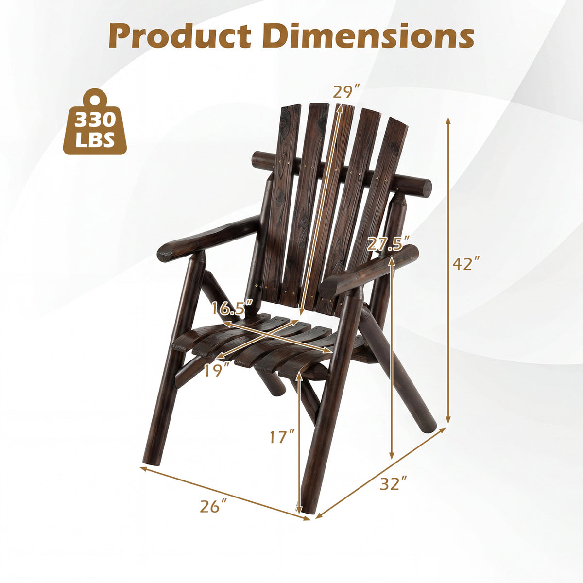 Log Wood Patio Chair with Slatted Backrest for Deck Backyard