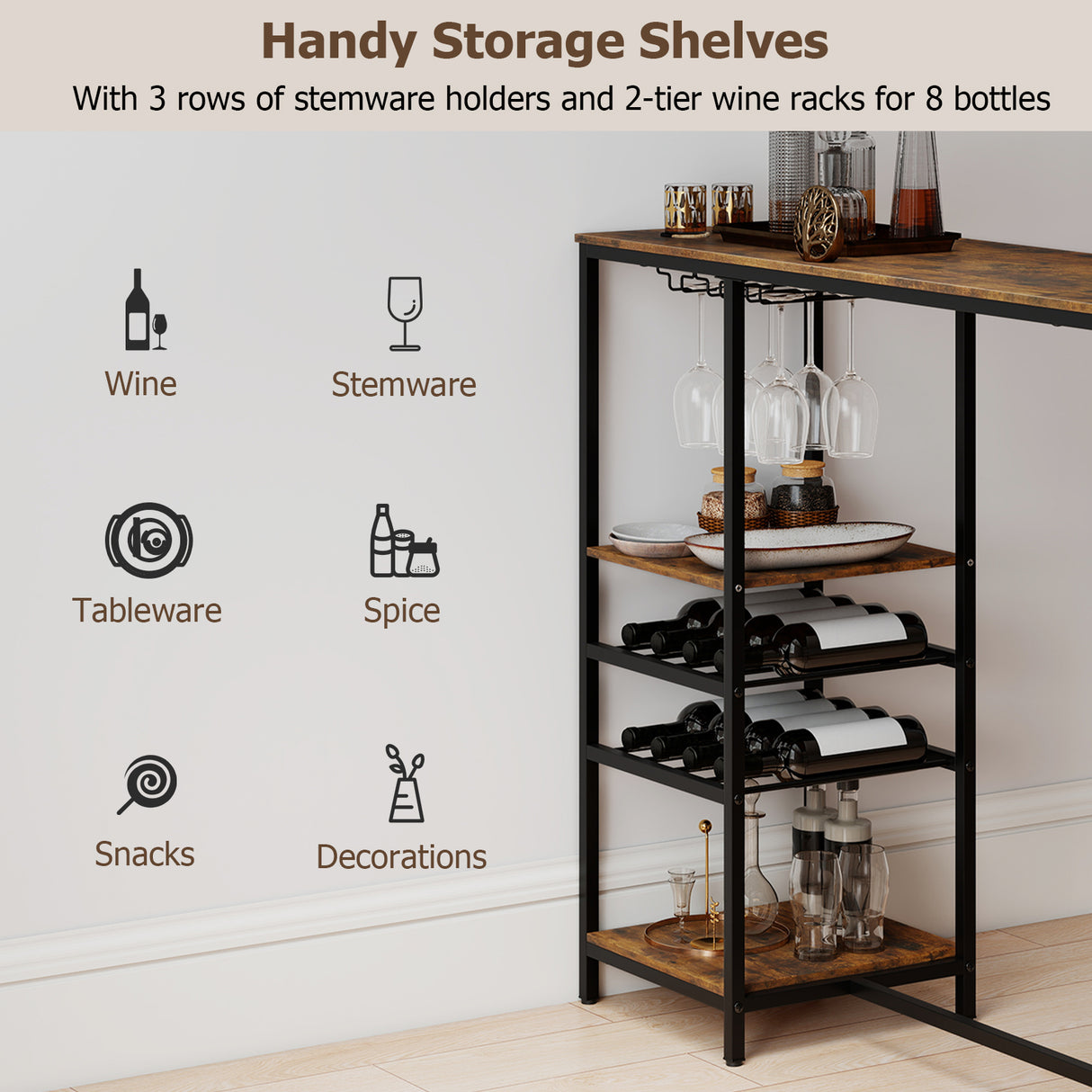 Long Bar Table Bar Height Dining Table with Storage Shelves-Rustic Brown