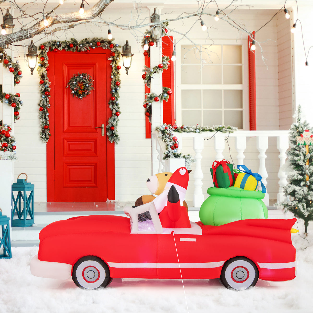 7.7 Feet Long Christmas Inflatable Santa Claus and Reindeer Riding Red Car with Gift Bag and 9 LED White Lights