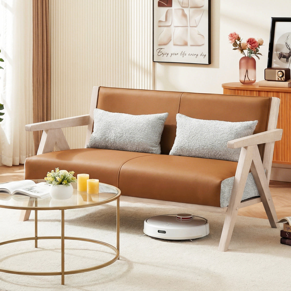 Loveseat Sofa for Small Spaces with Throw Pillows Rubber Wood Frame Padded Seat