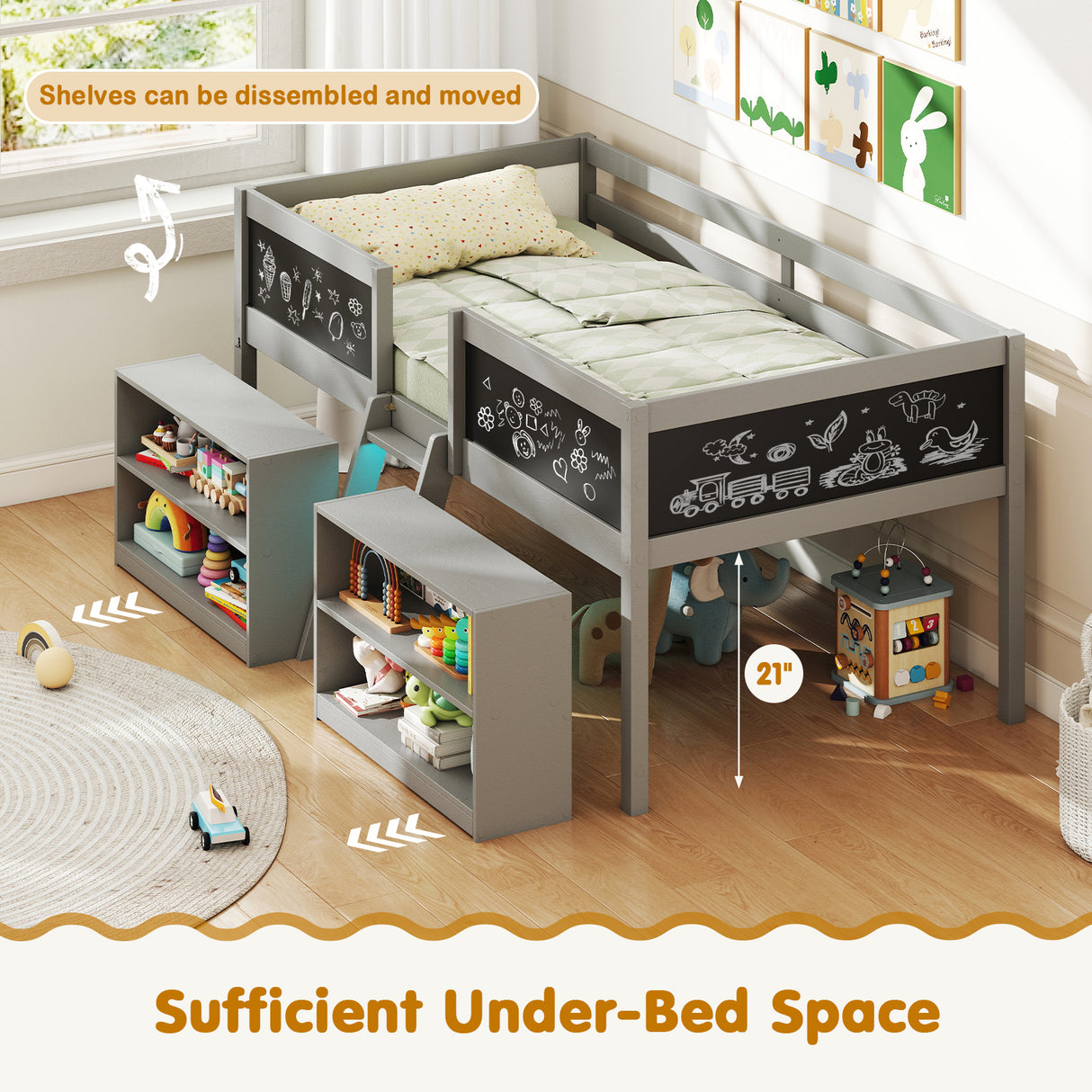 Low Loft Bed with LED Lights Kid's Cabin Bed with Bookcases