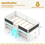 Low Loft Bed with LED Lights Kid's Cabin Bed with Bookcases