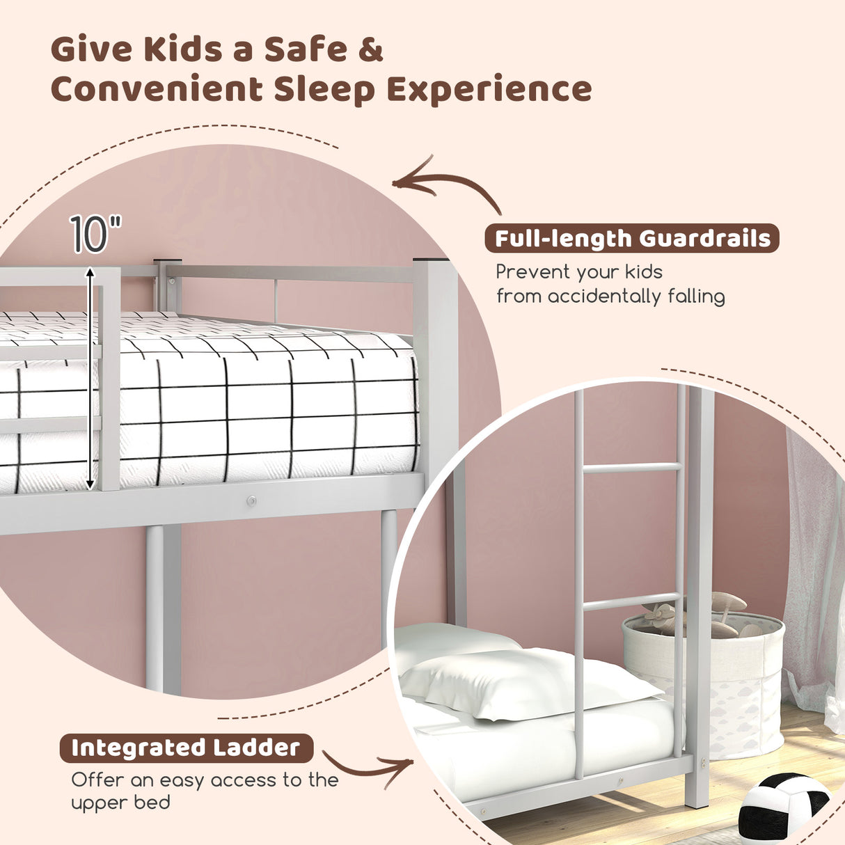 Low Profile Twin Over Twin Metal Bunk Bed with Full-length Guardrails