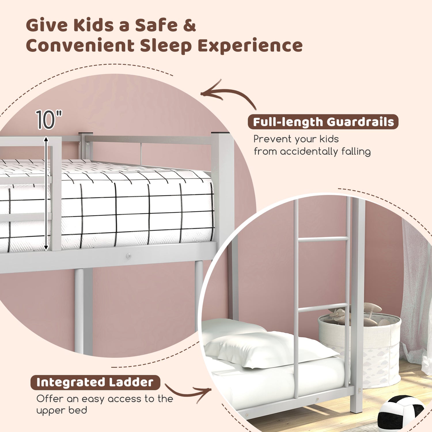 Low Profile Twin Over Twin Metal Bunk Bed with Full-length Guardrails