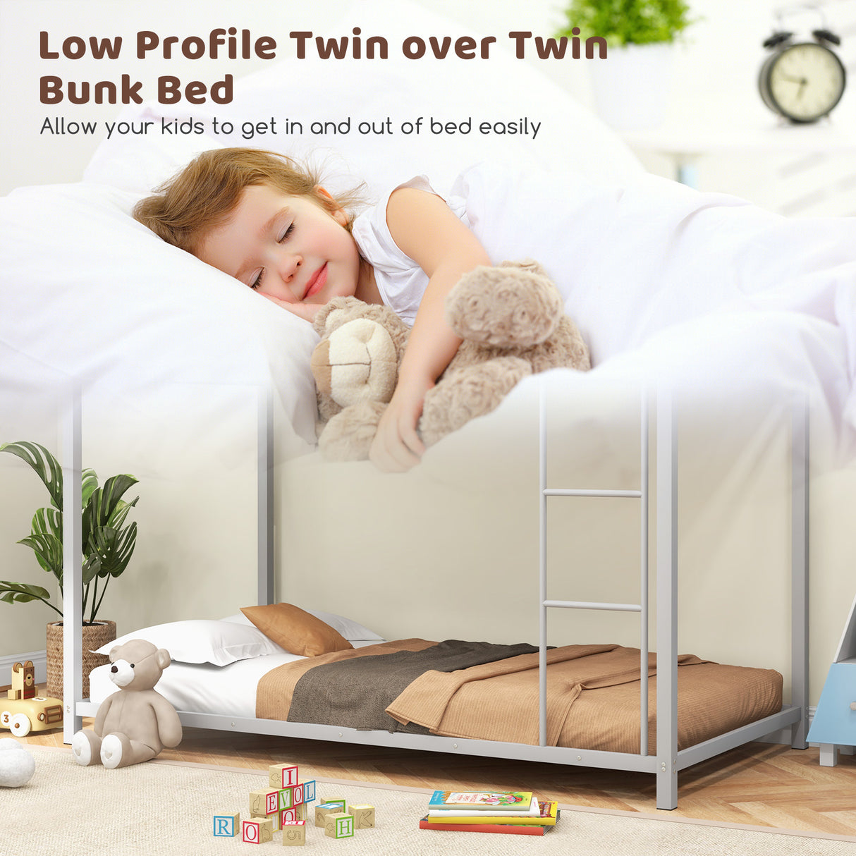 Low Profile Twin Over Twin Metal Bunk Bed with Full-length Guardrails