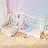 L-shaped Double Twin Beds House Platform Beds with Fences Corner Bed Frame