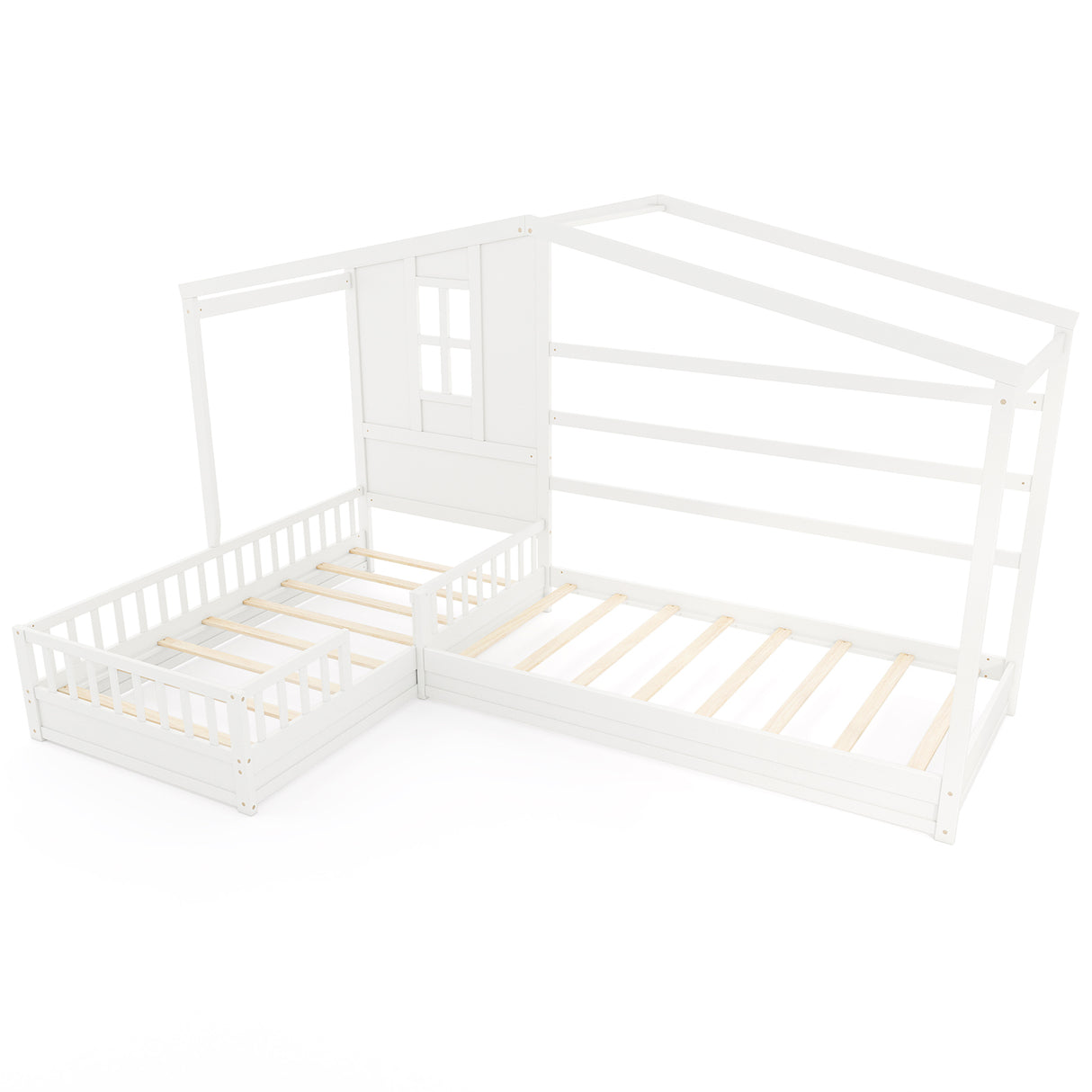 L-shaped Double Twin Beds House Platform Beds with Fences Corner Bed Frame