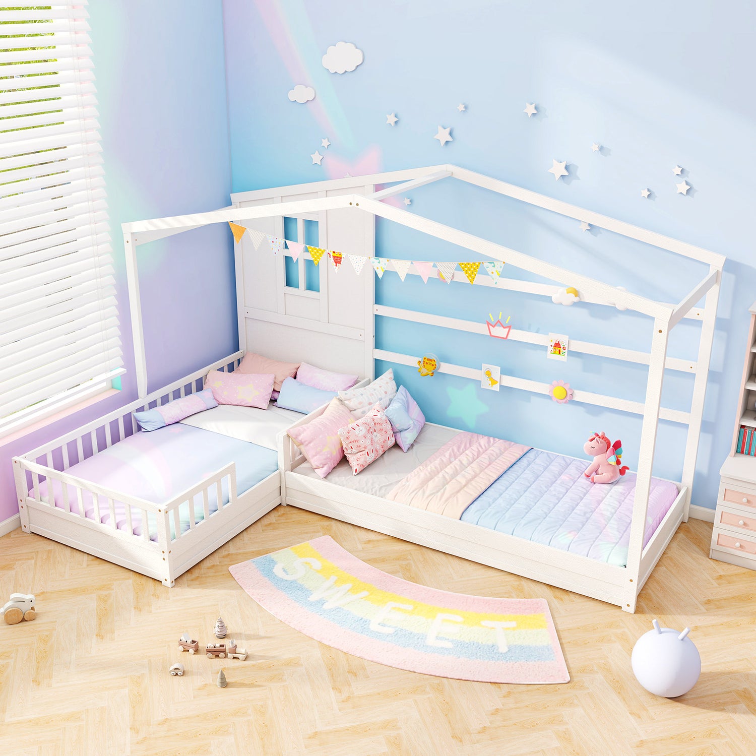 L-shaped Double Twin Beds House Platform Beds with Fences Corner Bed Frame