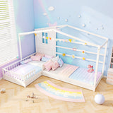 L-shaped Double Twin Beds House Platform Beds with Fences Corner Bed Frame