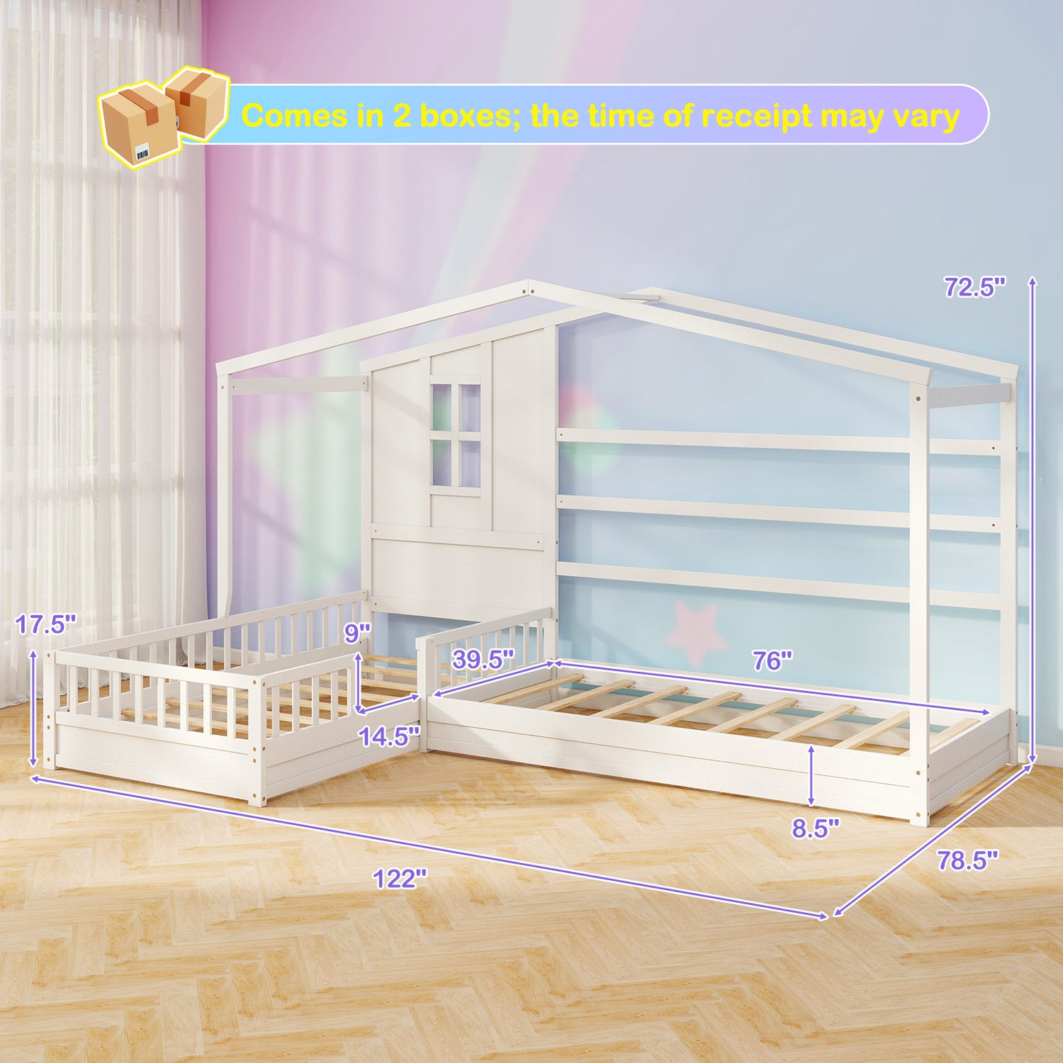 L-shaped Double Twin Beds House Platform Beds with Fences Corner Bed Frame