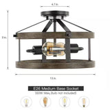 Round 13-inch Metal Wood Farmhouse 2-Light Ceiling Lamp - Semi-Flush Mount