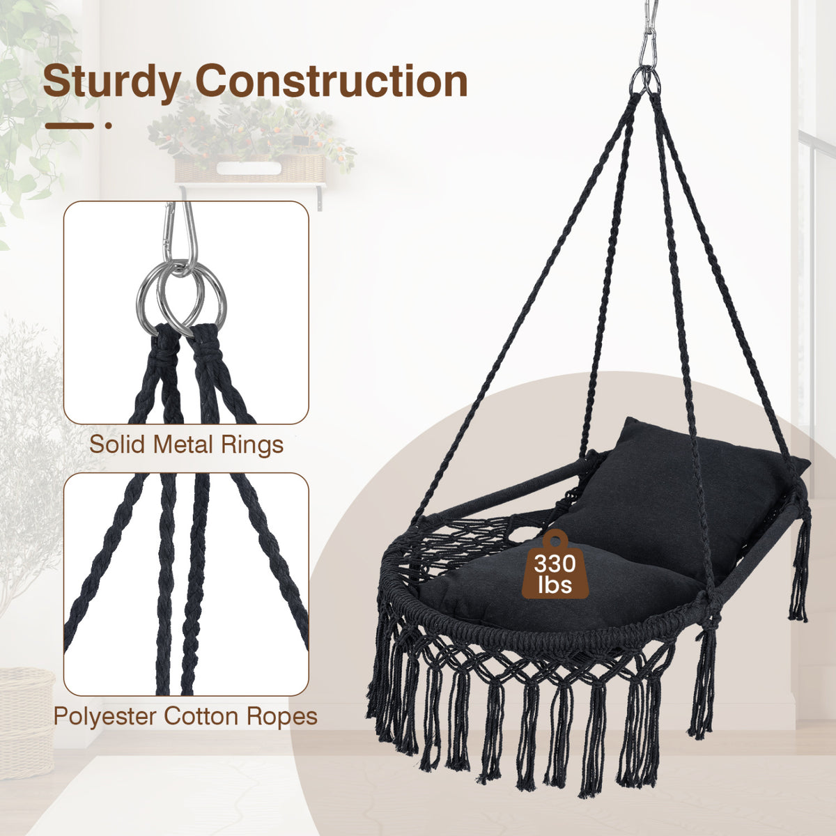 Macrame Swing Chair Hammock Chair with 2 Removable Cushions