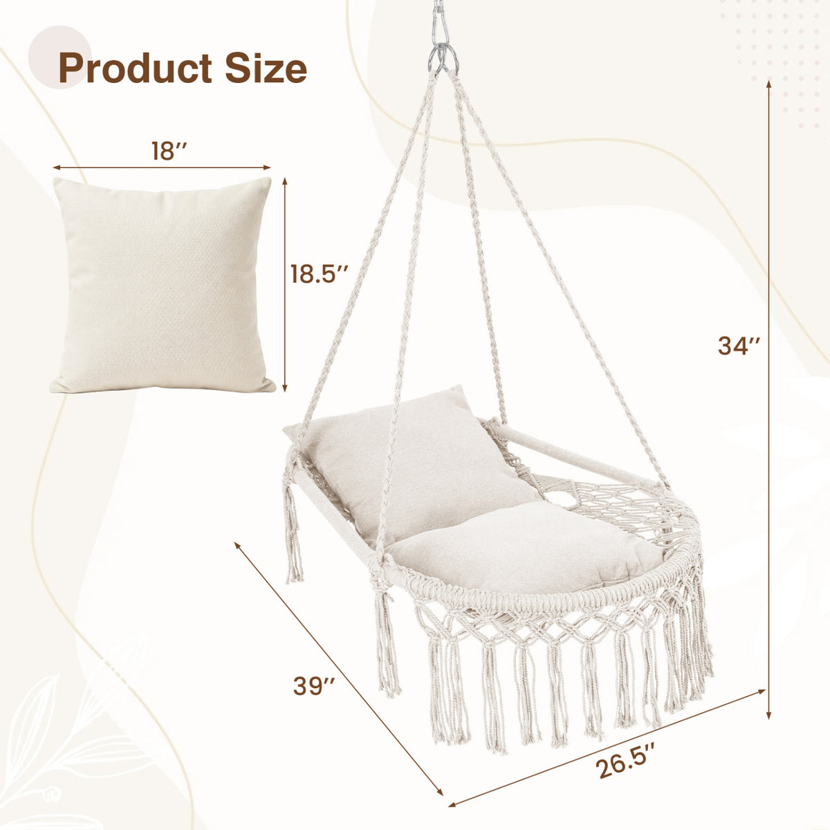Macrame Swing Chair Hammock Chair with 2 Removable Cushions