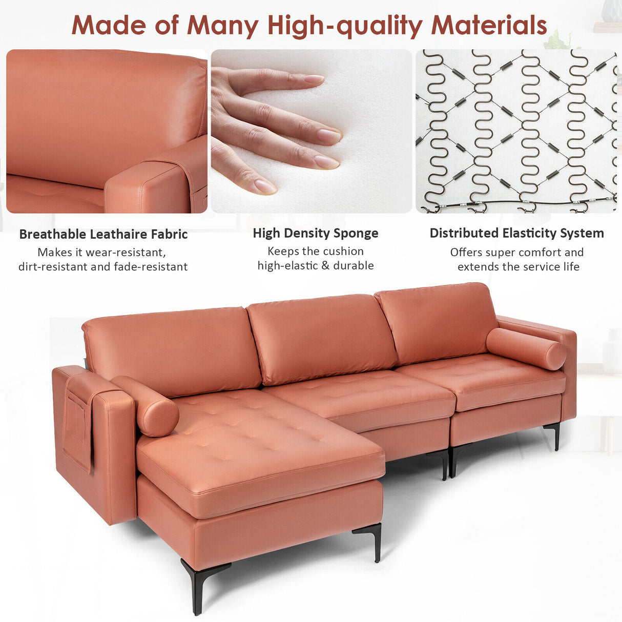 Modular 1/2/3/4-Seat L-Shaped Sectional Sofa Couch with Socket USB Port-3-Seat L