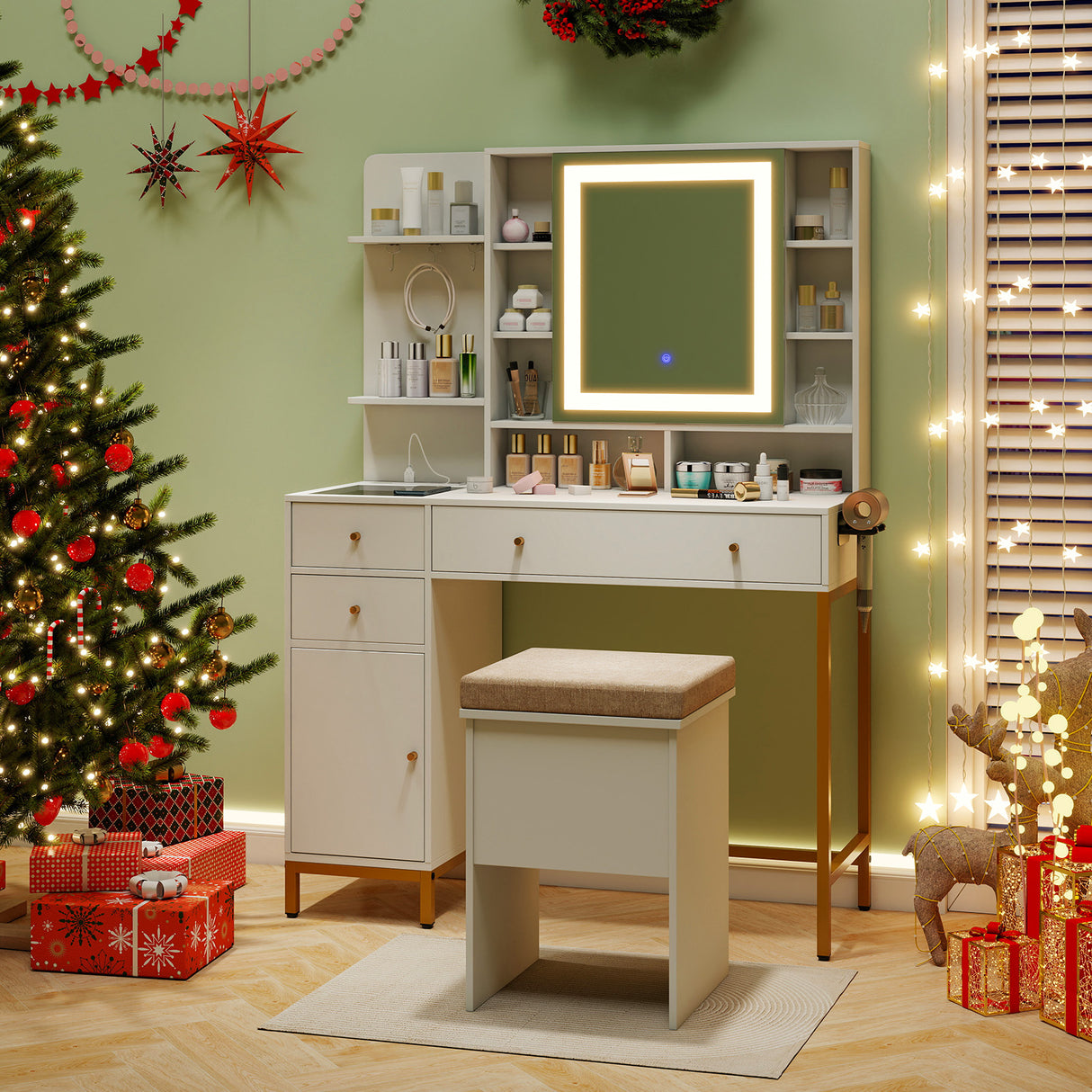 Makeup Dressing Table and Stool set with 3 Lighting Modes and Cabinet-White