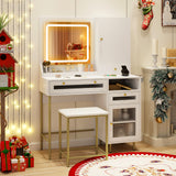 Modern Makeup Vanity Desk with Mirror and Lights and Stool Set-White