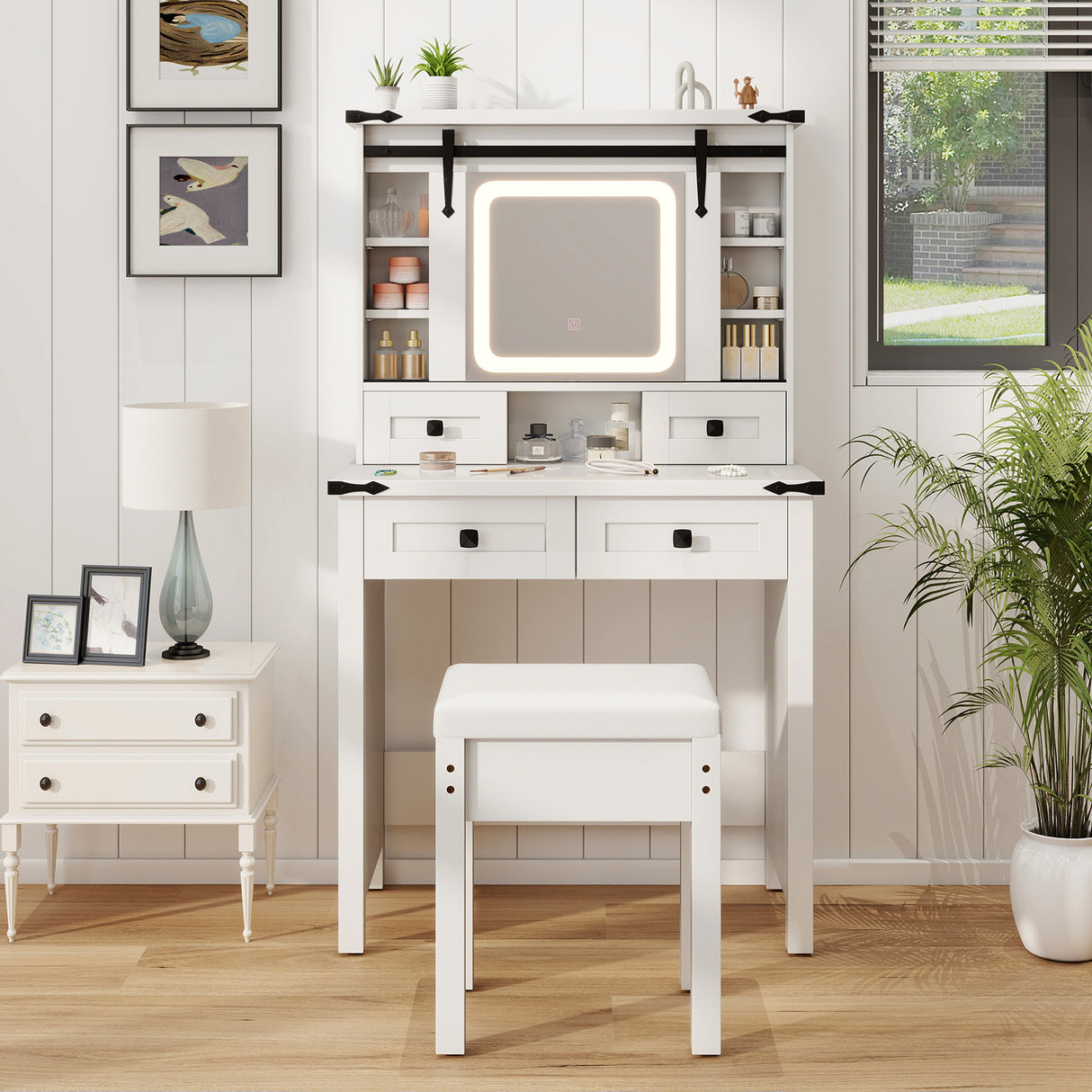 Makeup Vanity Desk with Mirror and Adjustable Storage Shelves-White