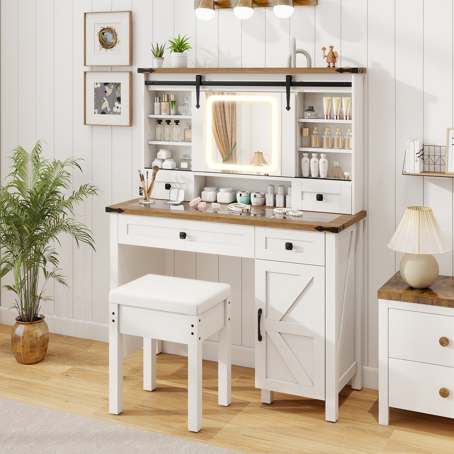Makeup Vanity Desk with Mirror and 3-Color Dimmable LED Lights-White
