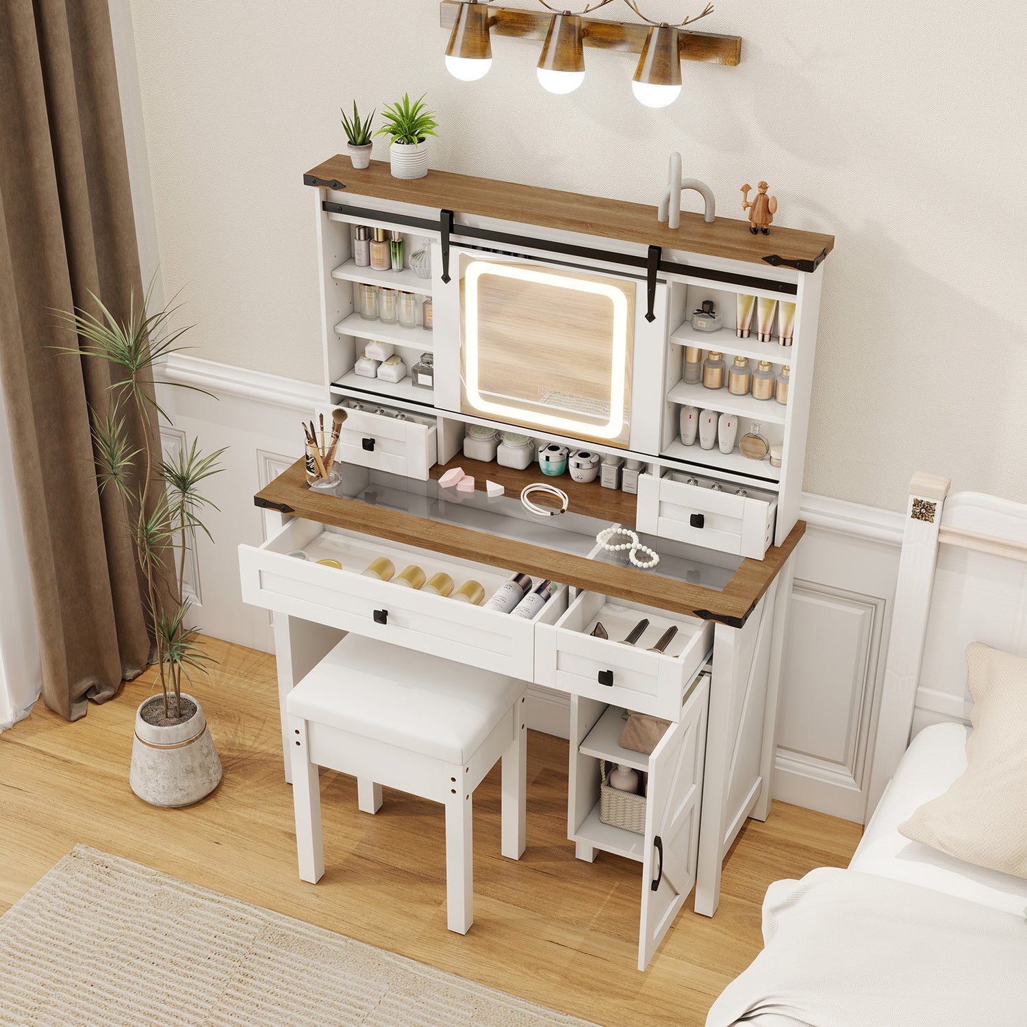 Makeup Vanity Desk with Mirror and 3-Color Dimmable LED Lights-White