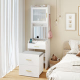 Makeup Vanity with Power Outlets and Flip-top Mirror and Storage Stool-White