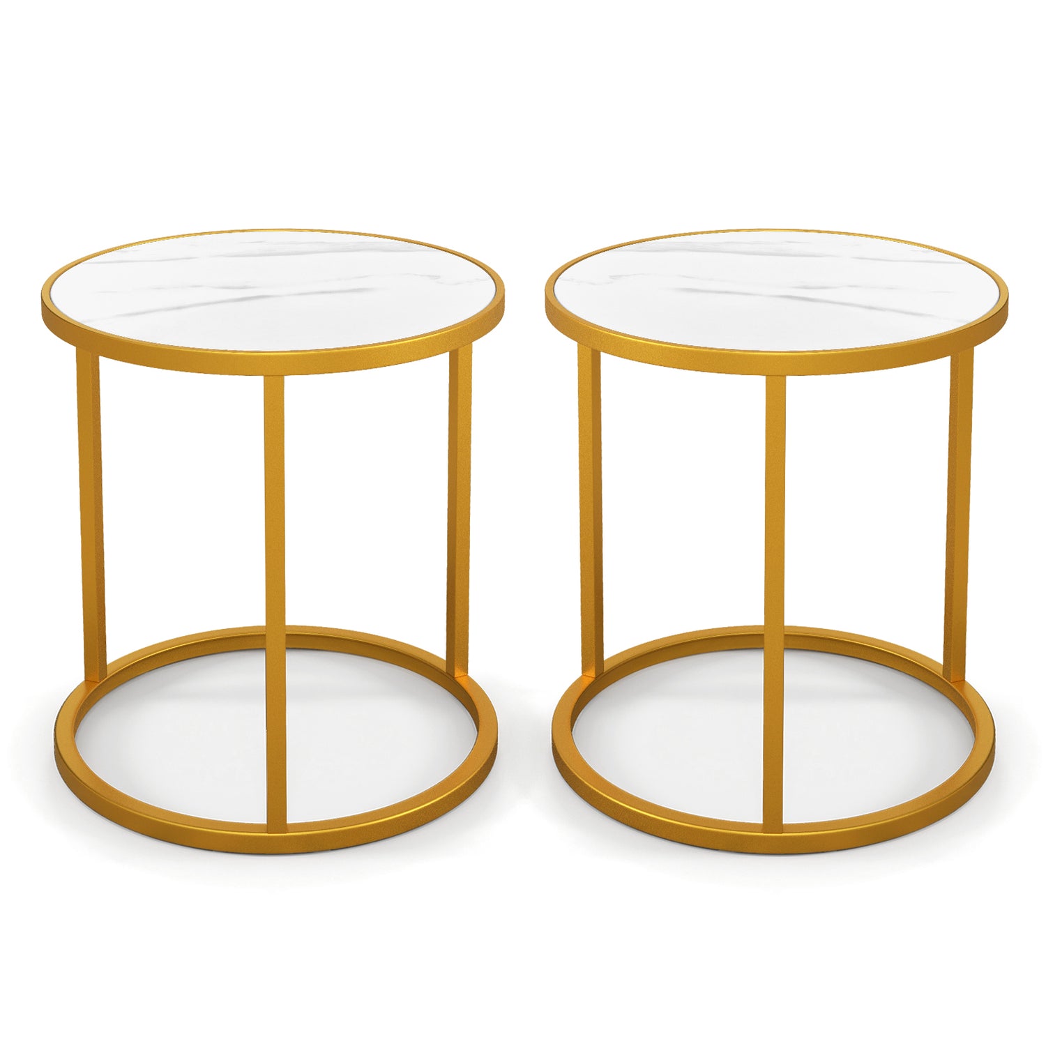 Marble Top Round Side Table 16-Inch End Table with Golden Metal Frame-2 Pieces