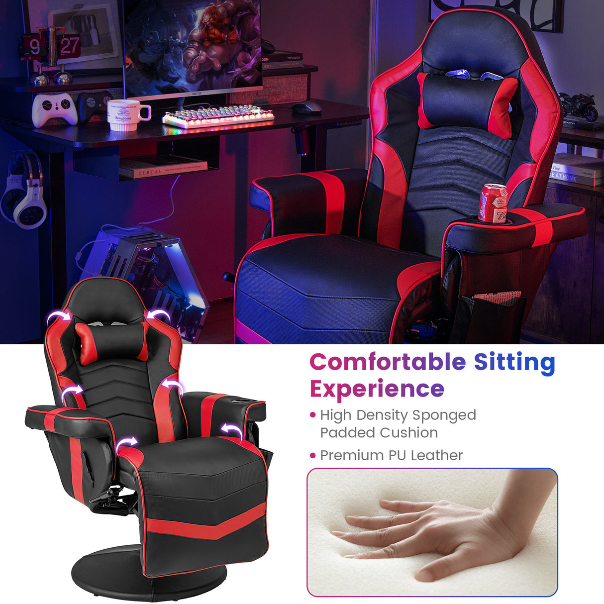 Massage Video Gaming Recliner Chair with Adjustable Height