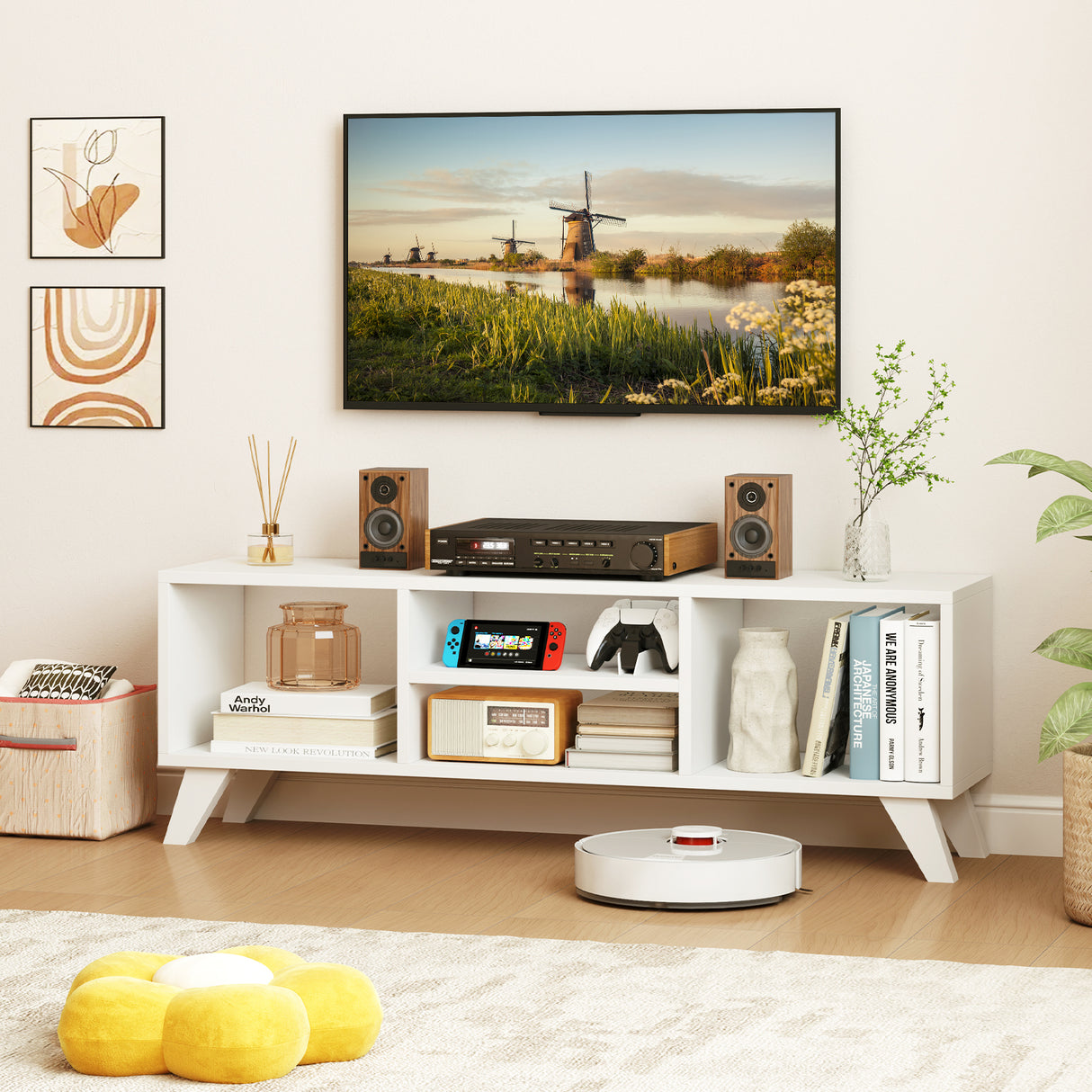 Media TV Console Table with Raised Support Legs-White